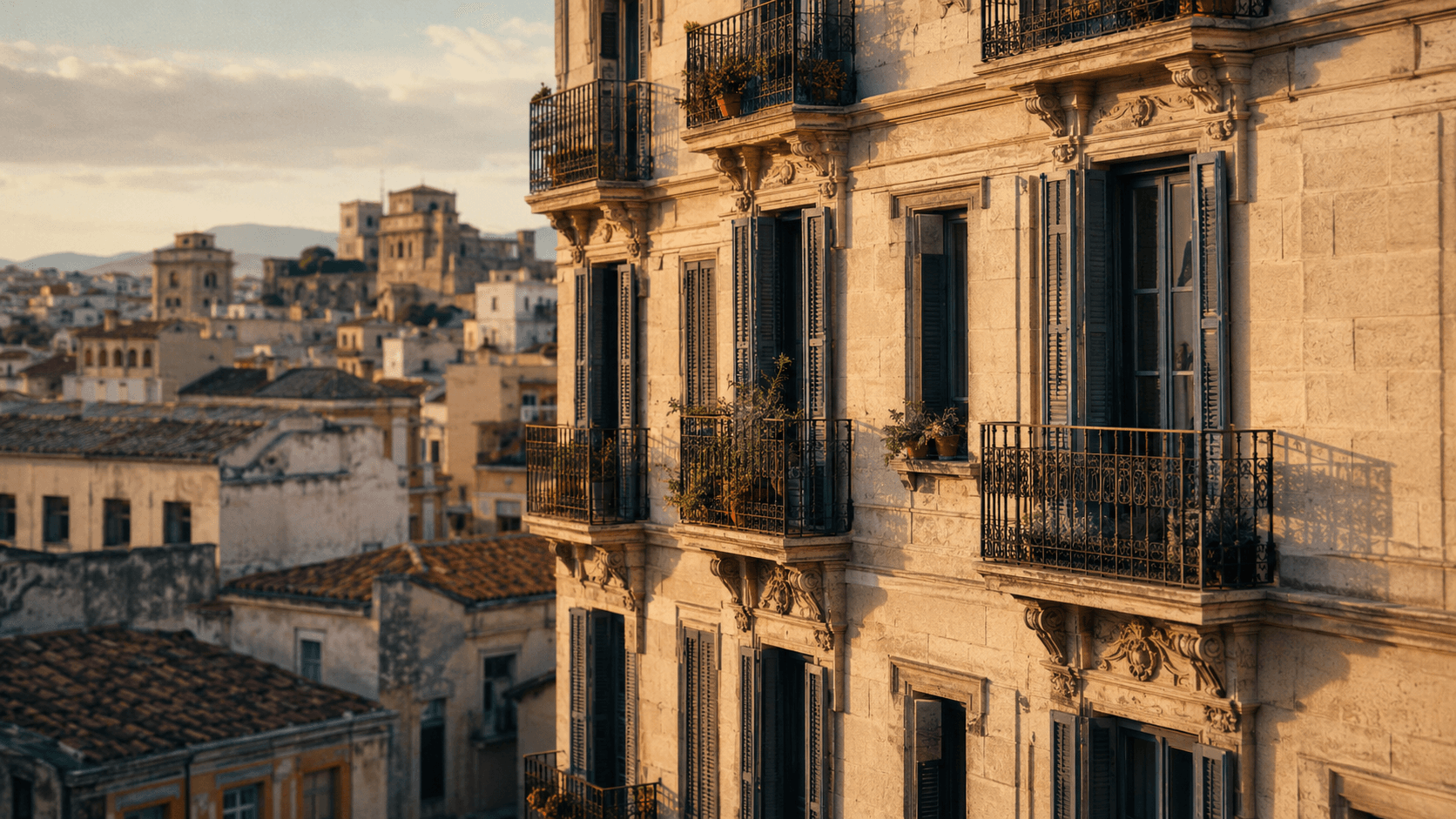 Fachada de edificio residencial mediterráneo al atardecer